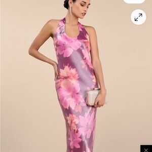 Halter Floral Satin Maxi Dress in Pink and Purple